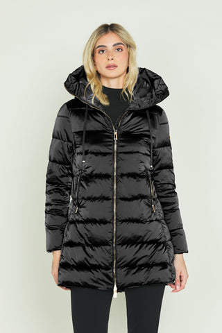 Piumino ARCTURUS lungo manica lunga con cappuccio più coulisse più zip più tasche raso