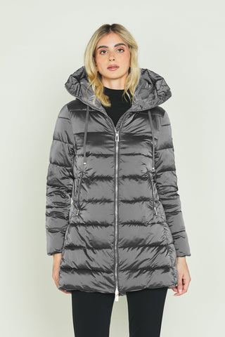 Piumino ARCTURUS lungo manica lunga con cappuccio più coulisse più zip più tasche raso