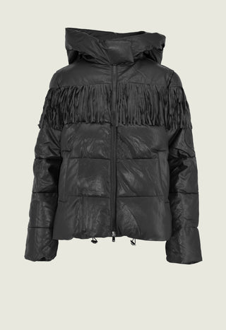 Piumino ARKAB_PRIOR manica lunga asimmetrico con capp. Più frange più coulisse ecopelle