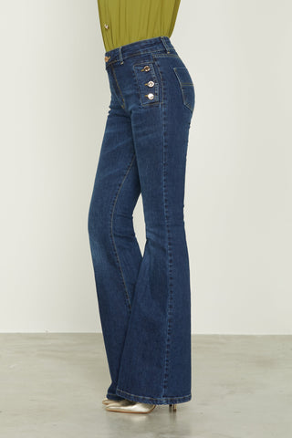 Jeans MAYU vita alta zampa con tasche più patte più bottoni denim
