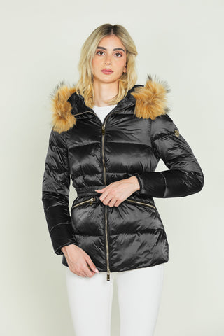 Piumino FUYUE in raso manica lunga con cappuccio più bordo ecopellicia più cintura
