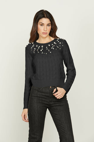 Maglia PROSPERPINA manica lunga lavorazione trecce con perle più cabochon