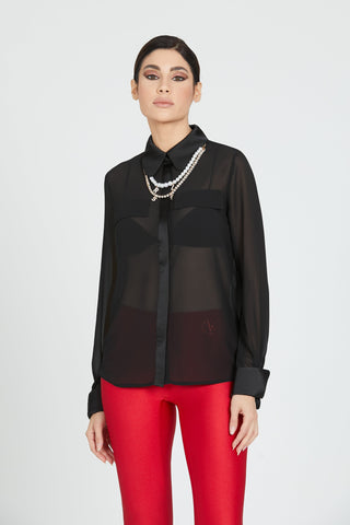 Camicia DIRANNE manica lunga con risv.raso più collana perle e strass lettere