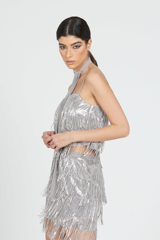 Top HUNYANG con sciarpetta frange paillettes