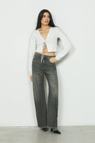 Jeans ELLELONG_30 vita media 5 ts con rotture straight fit in black denim