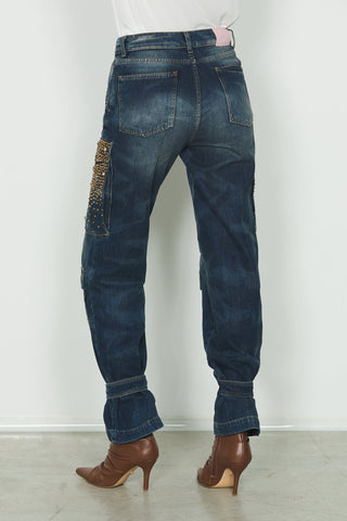 Jeans PATTY_20 vita media con tasconi più patte più snap più pietre cargo fit in blue denim