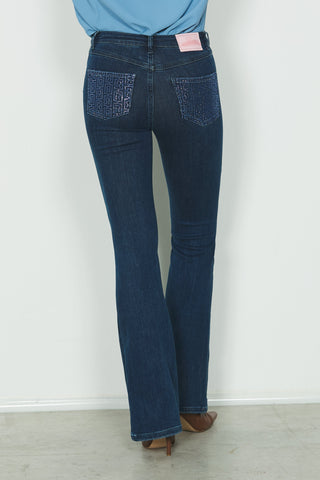 Jeans SCHIFFER_23 vita media 5ts con strass retro flaire fit in blue denim