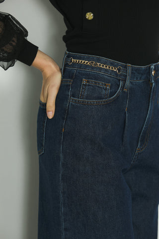 Jeans REECE vita alta 5ts con fondo sfrangiato più catena logo in blue denim