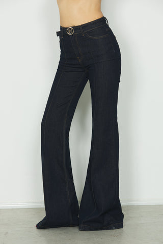 Jeans TRACY vita alta 5 ts con impunture più cintura con fibbia logo in blue denim