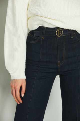 Jeans TRACY vita alta 5 ts con impunture più cintura con fibbia logo in blue denim