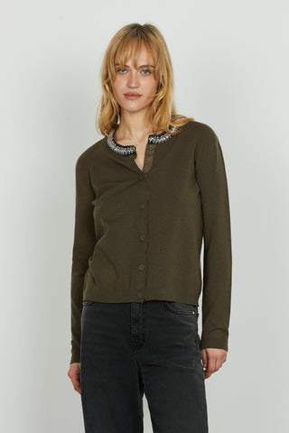 Cardigan SARIA manica lunga con applicazione strass più perline