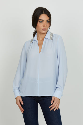 Blusa MARBEL manica lunga scollo v con colletto più pietre più strass