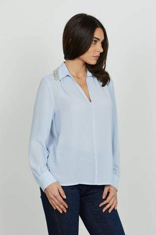 Blusa MARBEL manica lunga scollo v con colletto più pietre più strass