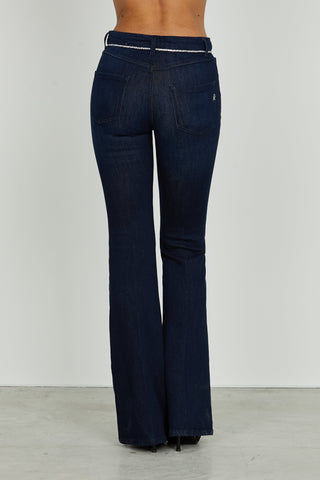 Panta SCHIFFER_29 vita media 5 ts con piping strass flaire fit denim blue