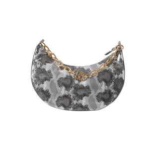 Borsa CALCUTTA_A mezza luna con manico catena più zip f. Pitonata laminata