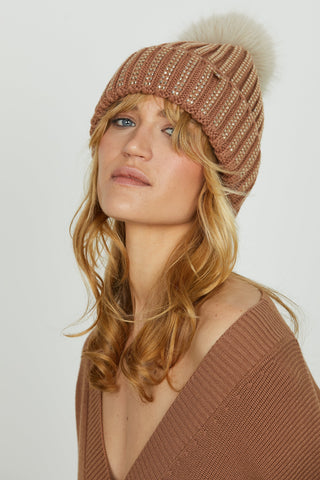 Cappello LUCCIOLA con risvolto più lav.coste più strass più pon pon