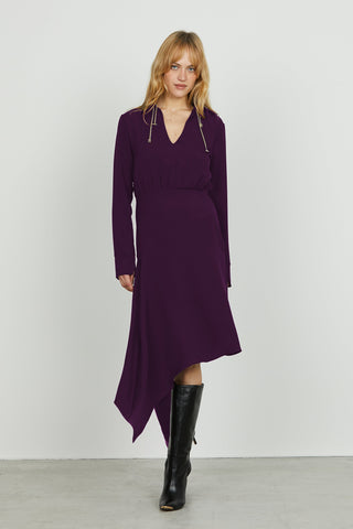 Abito IPSUM midi manica lunga con spacchetto scollo a v con colletto più catena logo asimmetric