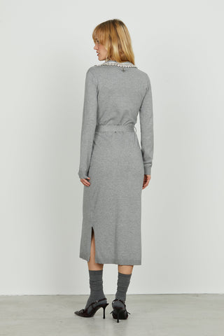 Abito MAUI corto manica lunga scollo v con colletto più applicazione strass più cintura