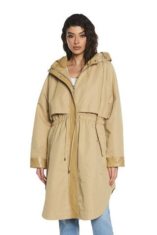 Trench KORKA lungo manica lunga con pannelli più cappuccio più inserti ecopelle più coulisse