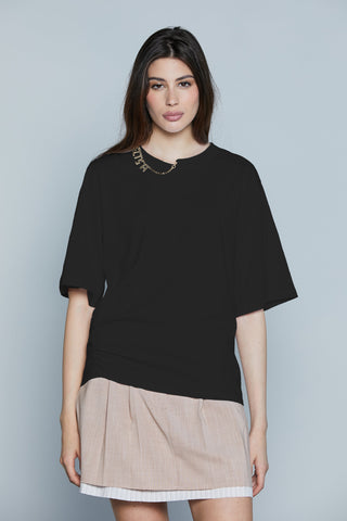 T-Shirt NIMUE M/M Bordo Collo Asimm. con Collana Strass Logo più Arriccio