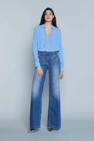 Jeans PALENCIA V.Alta Palazzo con Passanti Punta più Dettaglio Bottoni Denim