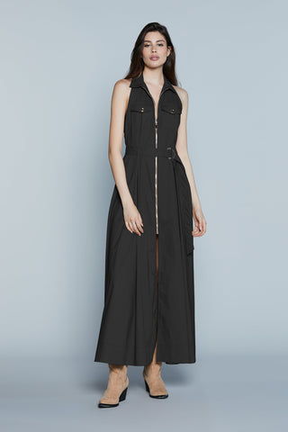 Abito LUNGU Lungo S/M Chemisier con Zip più Tasche più Cintura più Spacco