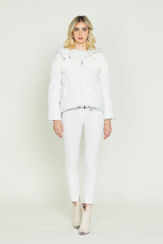 Piumino ARKAB_PRIOR manica lunga asimmetrico con capp. Più frange più coulisse ecopelle