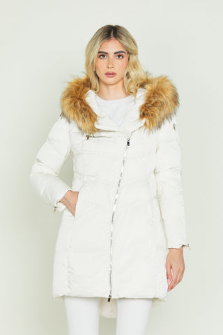 Piumino DIESSA_ZIP lungo con zip trasversale cappuccio con ecopellicia