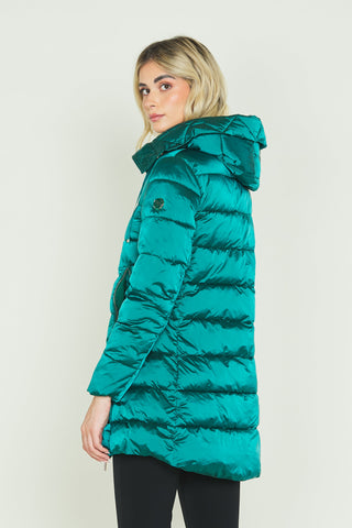 Piumino ARCTURUS lungo manica lunga con cappuccio più coulisse più zip più tasche raso