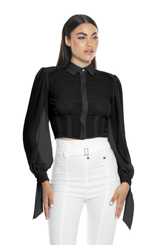 Camicia STIBILITE corta manica lunga con fiocco più pinces più bottone gioiello