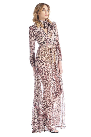 Abito lungo fantasia maculata con fiocco legato al collo e body in raso compreso, relish fashion moda, abbigliamento femminile