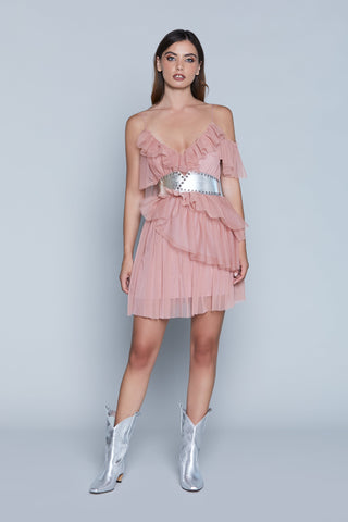 Abito DAFFODILS corto mezza manica monospalla con rouches più balze tulle