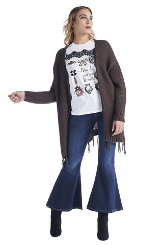 Cardigan modello ampio traforato aperto con frange, relish fashion moda, abbigliamento donna