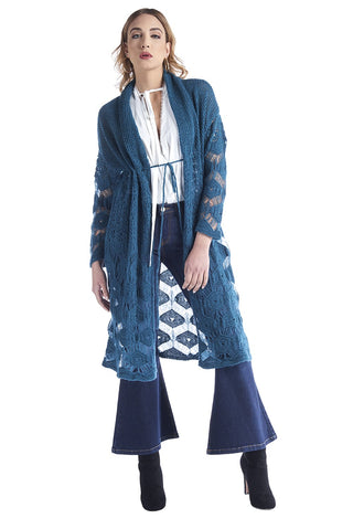 Cardigan lungo con coulisse in vita e punto traforo, relish fashion moda, abbigliamento femminile