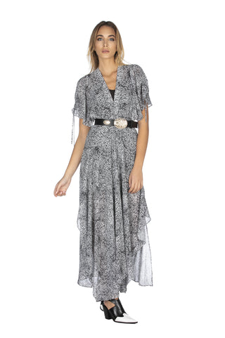 Abito lungo mezza manica con arricci spalle più p.smok più fant.maculata asimmetrico, Relish Fashion Moda, Primavera Estate 2020, Abbigliamento donna