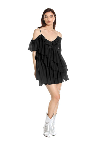 Abito DAFFODILS corto mezza manica monospalla con rouches più balze tulle