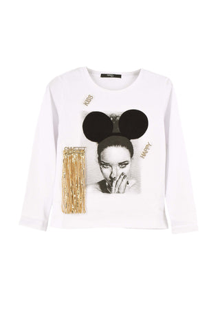 T-Shirt HARRYNA manica lunga St.Viso più Spille Kiss-Happy-Sweet Frange più Strass