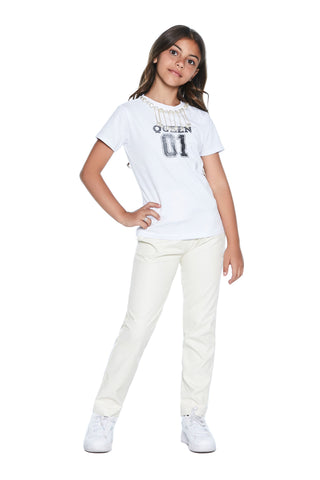T-shirt LABYLU mezza manica con applicazione collana con perle più stampa queen