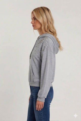 Felpa JOLIE maniche lunghe con arricciatura più cappuccio con coulisse più applicazioni pietre più tasca marsupio
