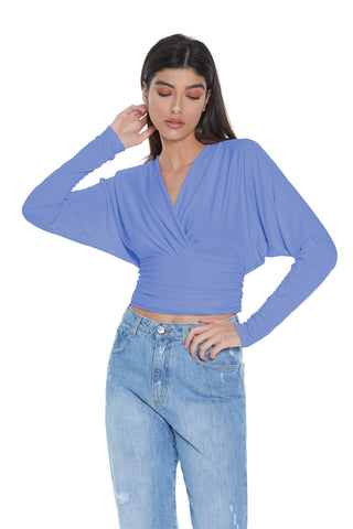 Blusa BETTY manica lunga pipistrello scollo incrocio con pieghe più arricci