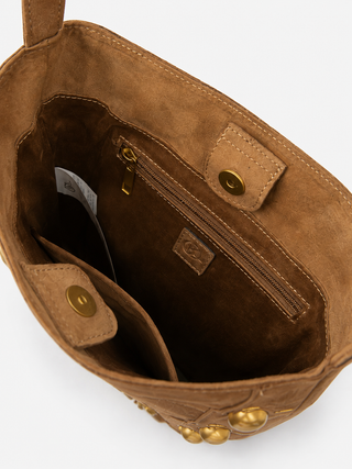 Borsa KIKO in eco-camoscio con tracolla più snap più borchie più anelli più frange più logo