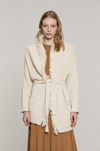 Cardigan MIKALI manica lunga più cintura più tasche e frange
