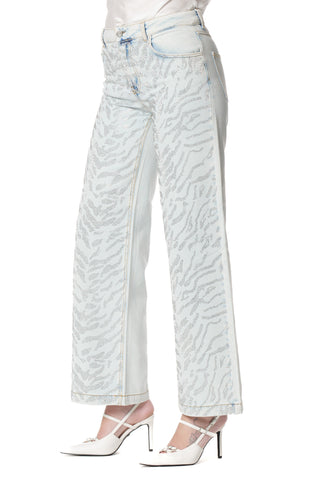 Jeans ELLELONG_24 V.Media con Strass Animalier Straight Fit L.Bleach Denim