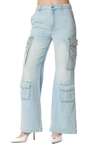 Jeans PATZY_20 V.Medio-Bassa con Tasconi più Patte con Pietre Lav.Bleach Denim