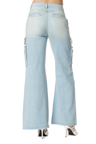 Jeans PATZY_20 V.Medio-Bassa con Tasconi più Patte con Pietre Lav.Bleach Denim