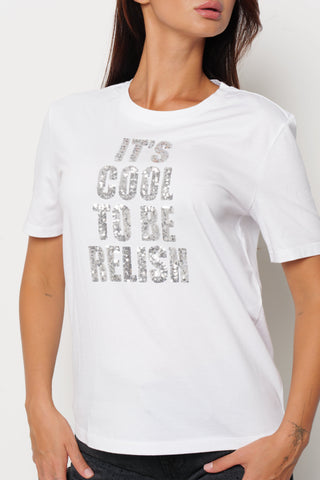 T-shirt MONREA mezza manica con scritte paillettes
