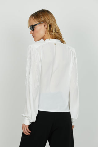Blusa SANTORINI manica lunga scollo a v incrocio più cravattino più frange spalle