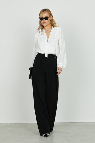 Blusa SANTORINI manica lunga scollo a v incrocio più cravattino più frange spalle
