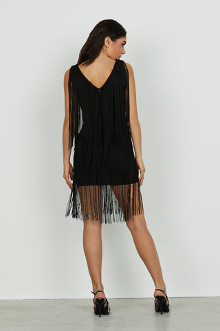 Abito BAHAMAS corto con frange più applicazioni strass scollo v