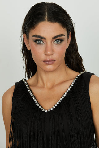 Abito BAHAMAS corto con frange più applicazioni strass scollo v